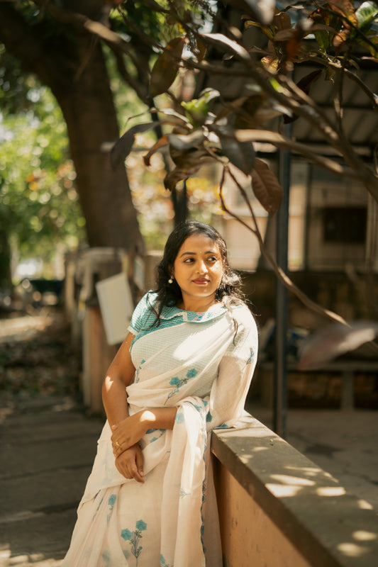 Floral Blue White linen saree