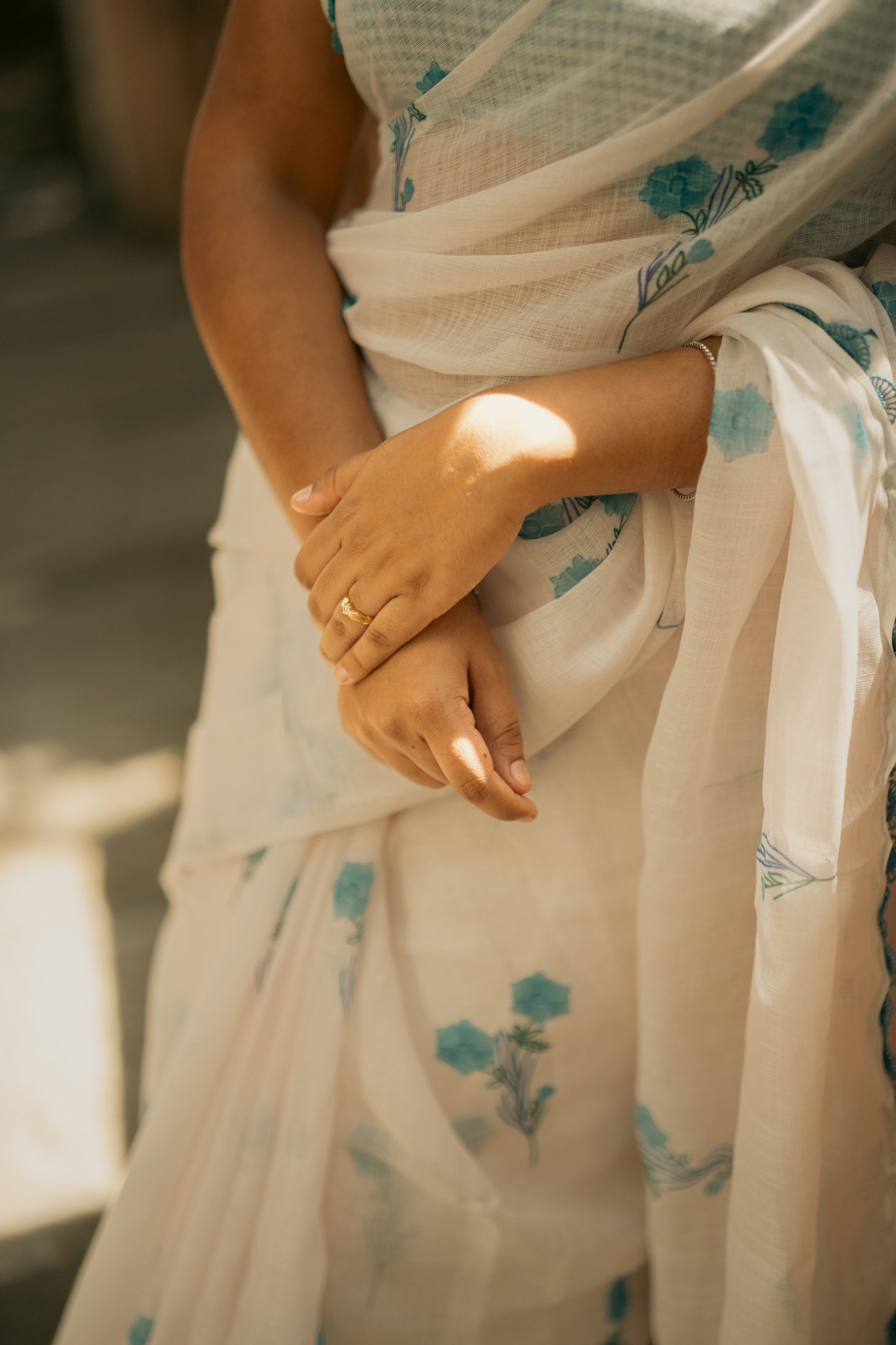 Floral Blue White linen saree