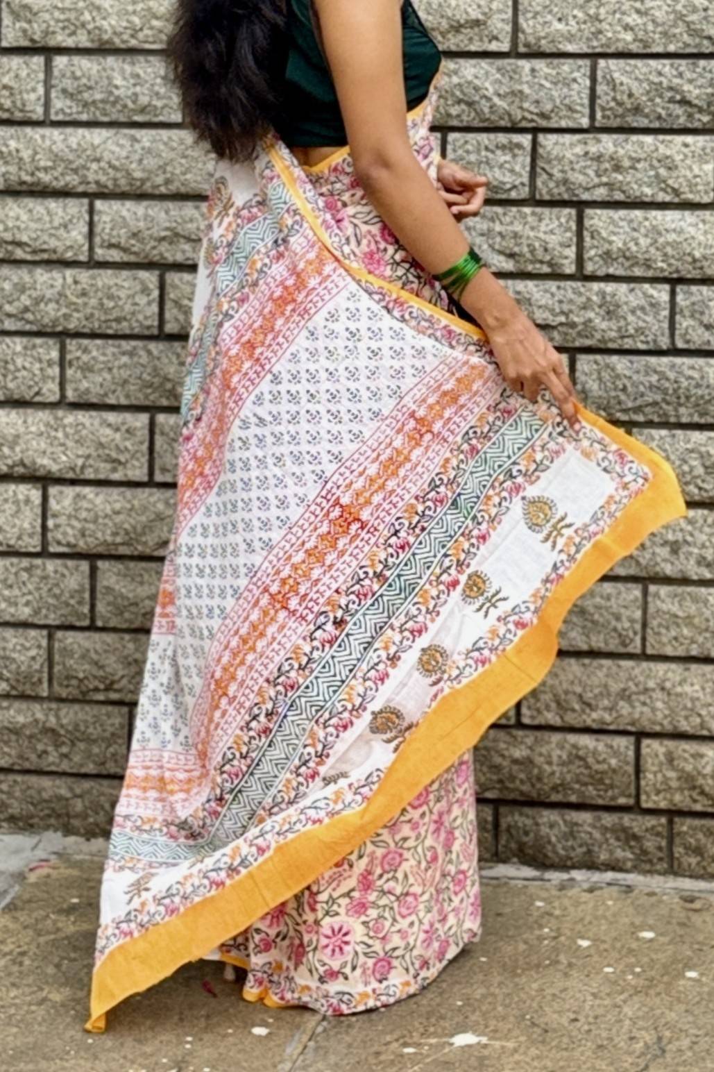Floral Garden — Mulmul Cotton Hand-Block Print Saree