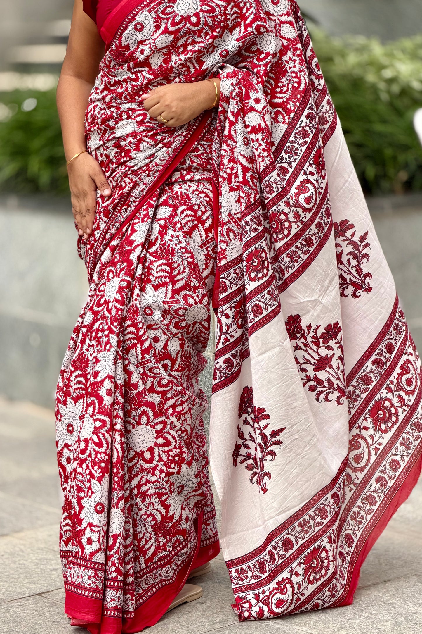 Crimson Bloom - Mulmul Cotton Hand-Block Print
