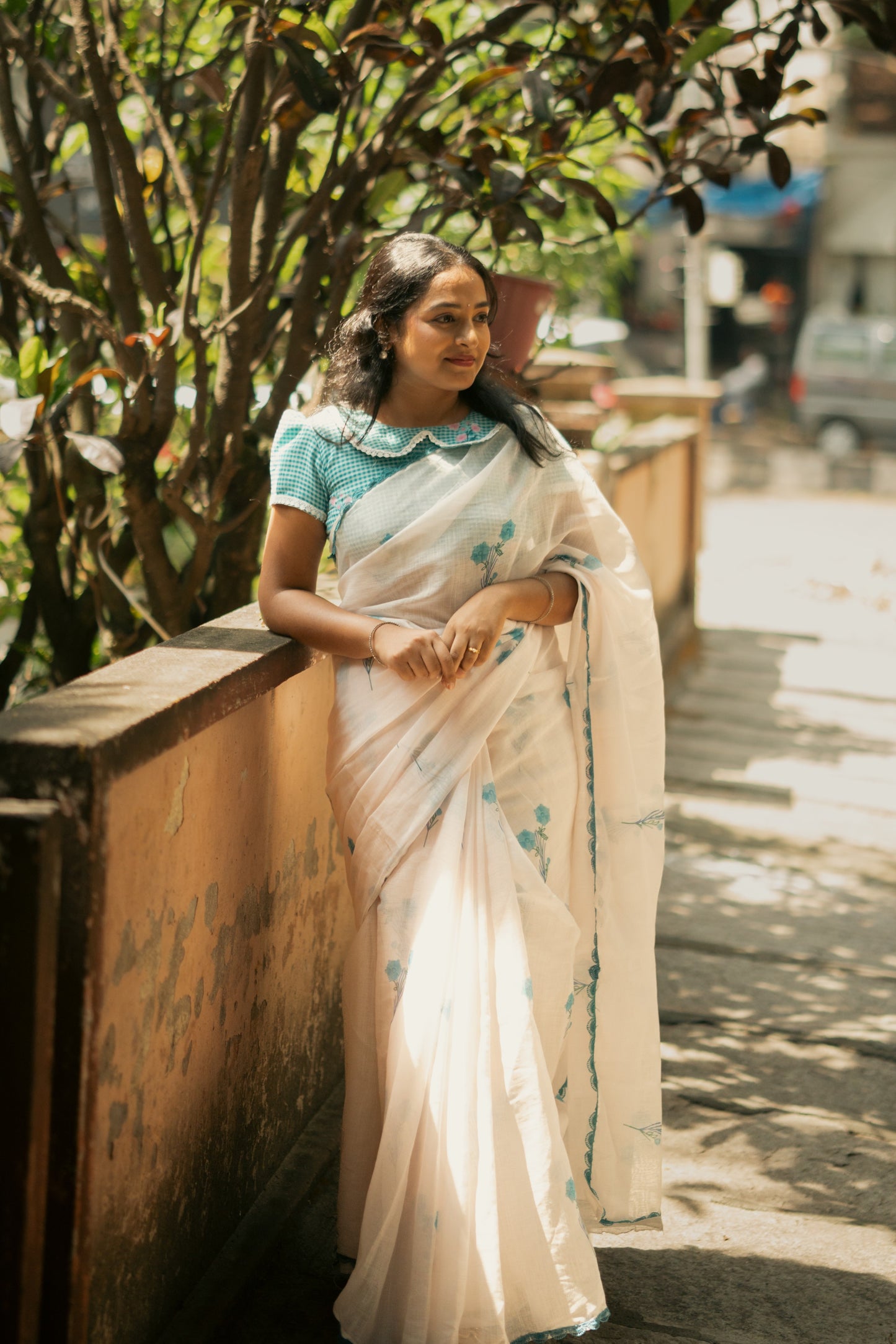 Floral Blue White linen saree