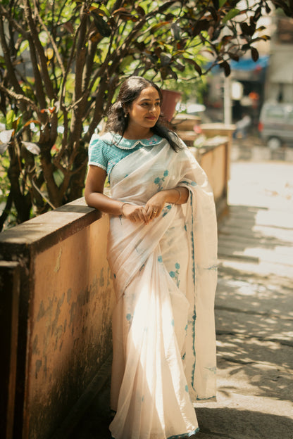 Floral Blue White linen saree