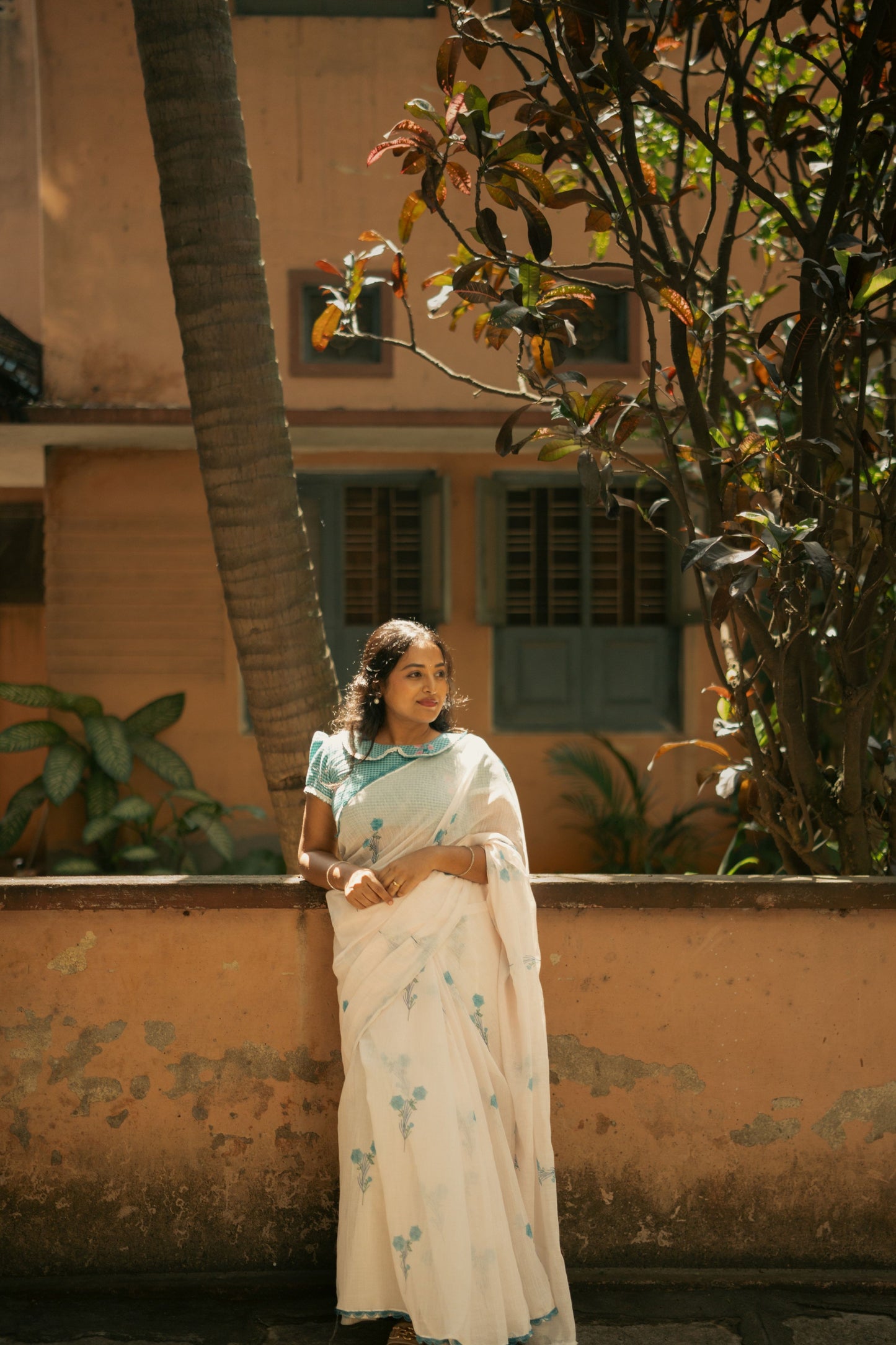 Floral Blue White linen saree