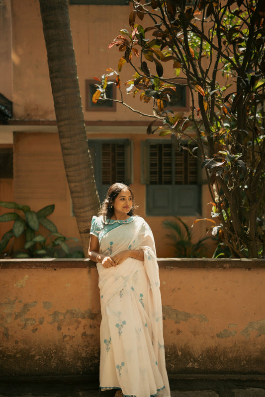 Floral Blue White linen saree