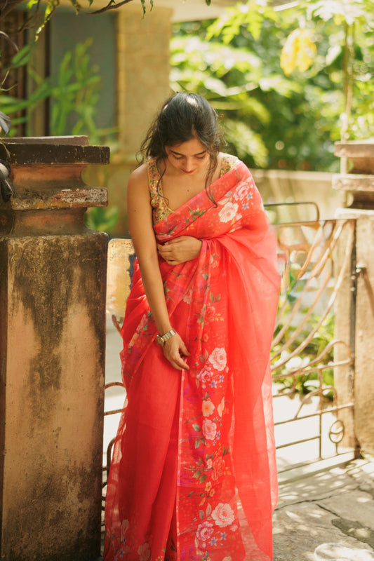 Floral Red linen saree