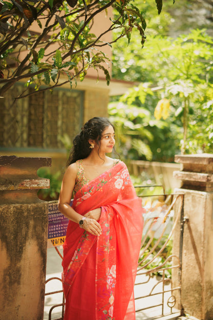 Floral Red linen saree