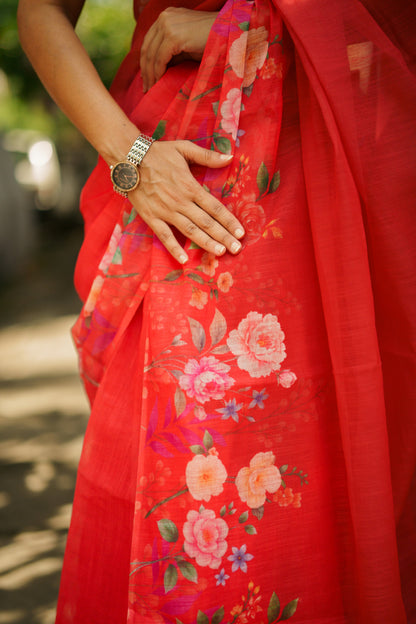 Floral Red linen saree