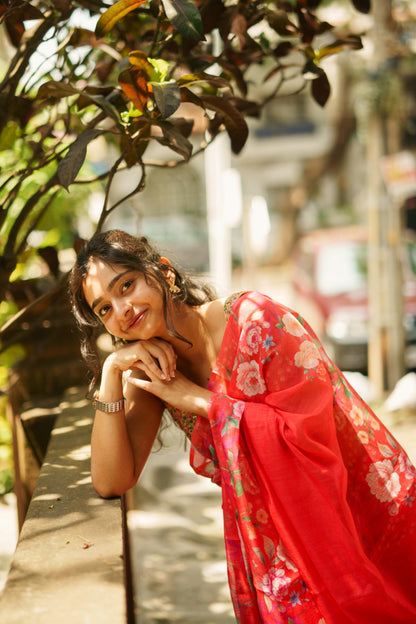 Floral Red linen saree