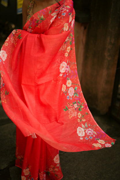 Floral Red linen saree