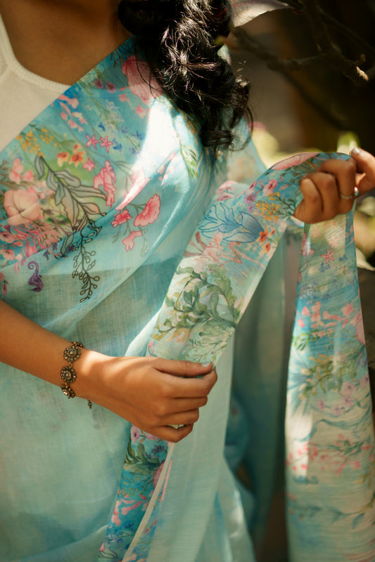 Floral aqua blue ocean linen saree