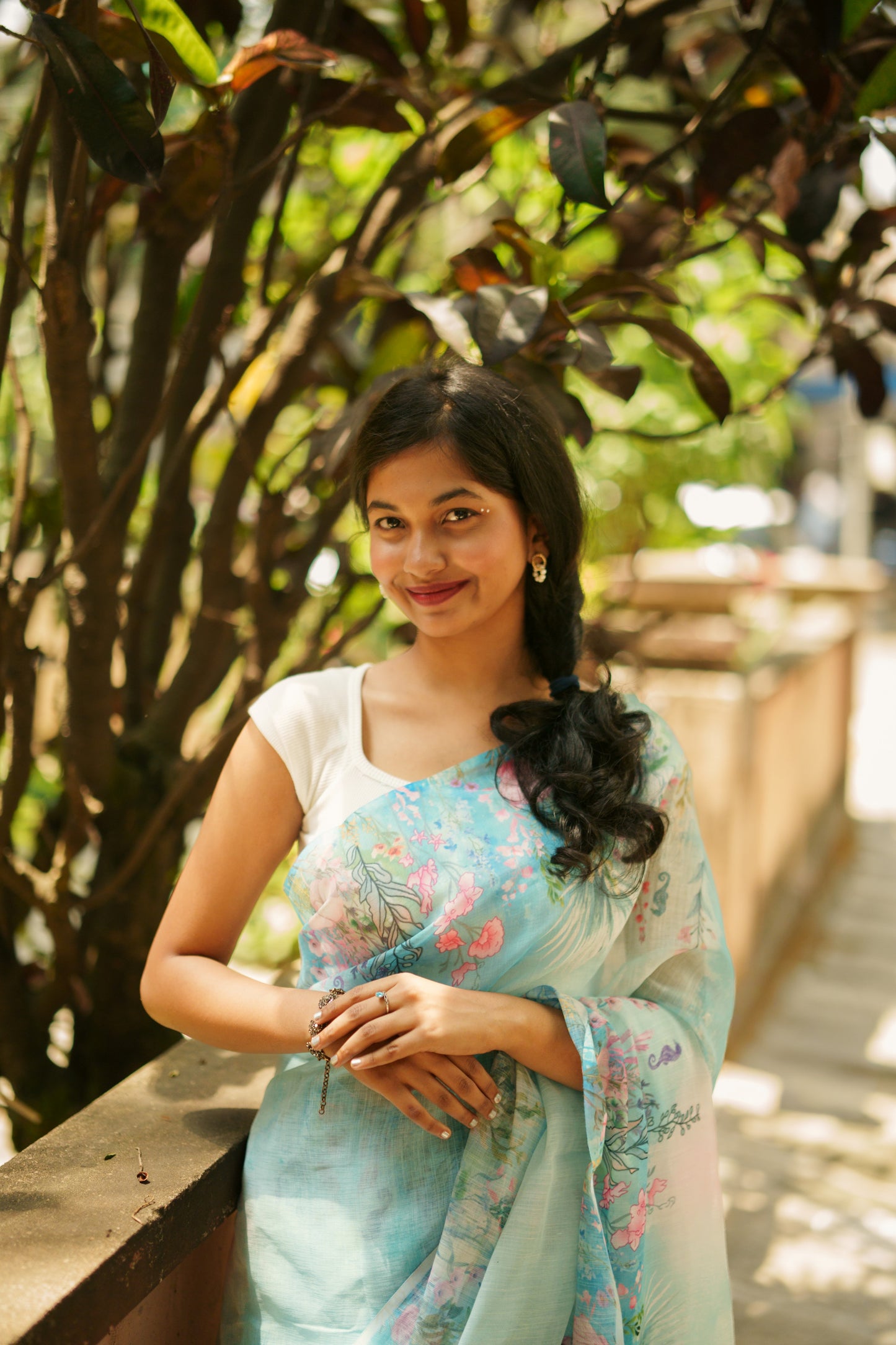 Floral aqua blue ocean linen saree