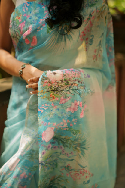 Floral aqua blue ocean linen saree