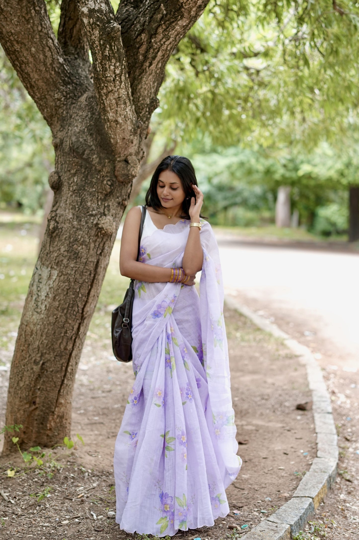 Lilac Blossom Linen Saree