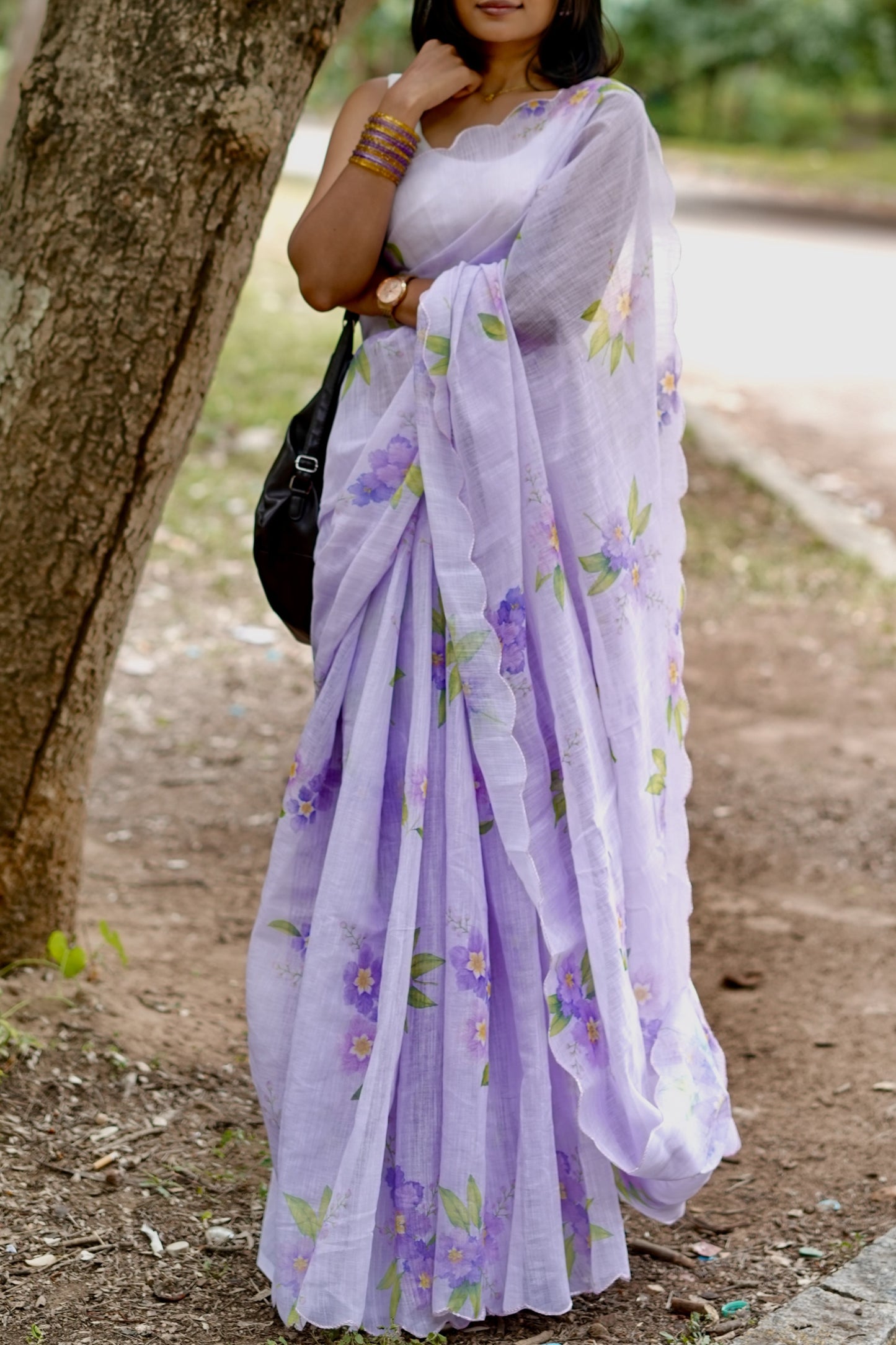 Lilac Blossom Linen Saree