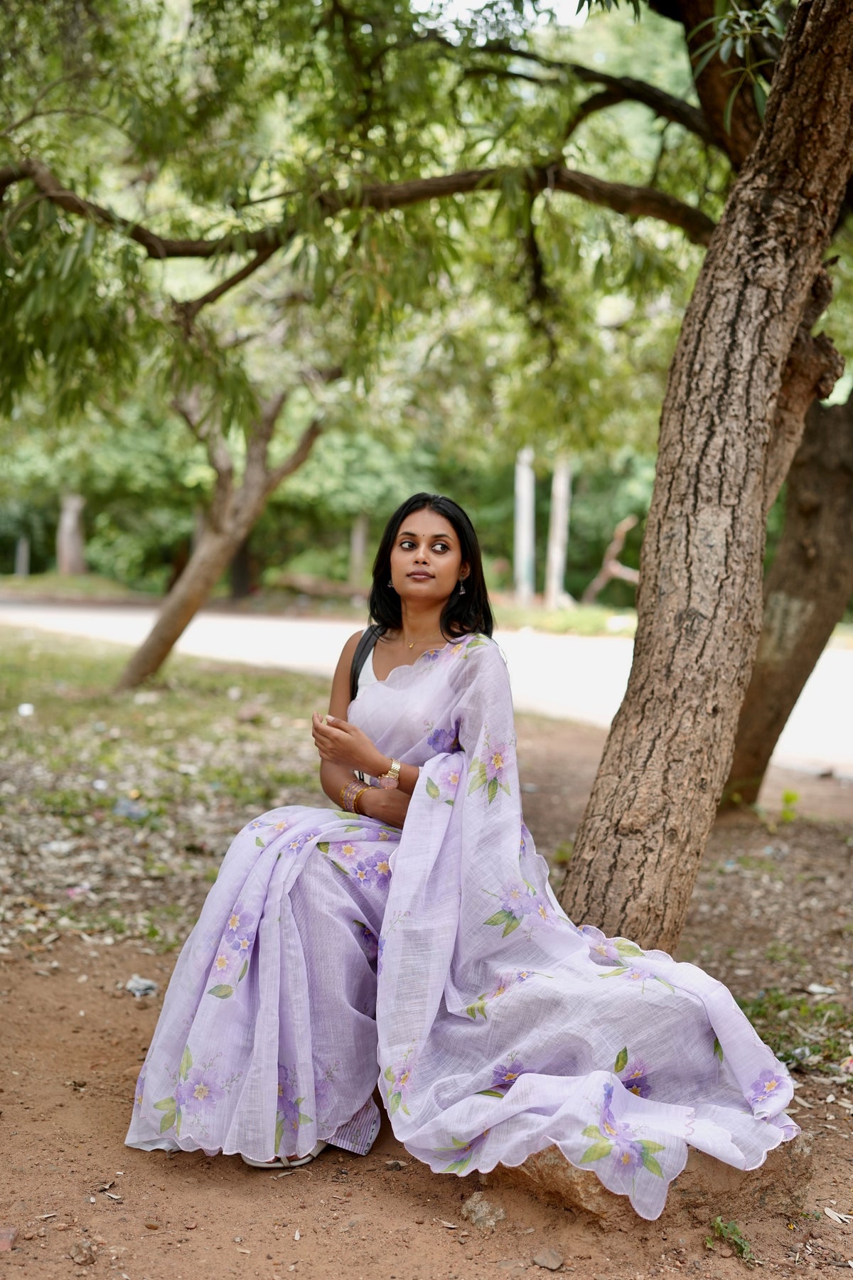 Lilac Blossom Linen Saree