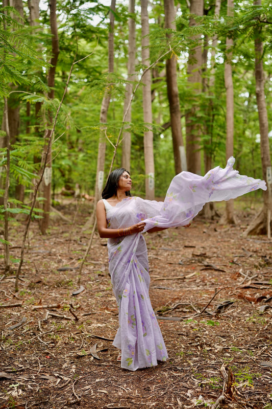 Lilac Blossom Linen Saree