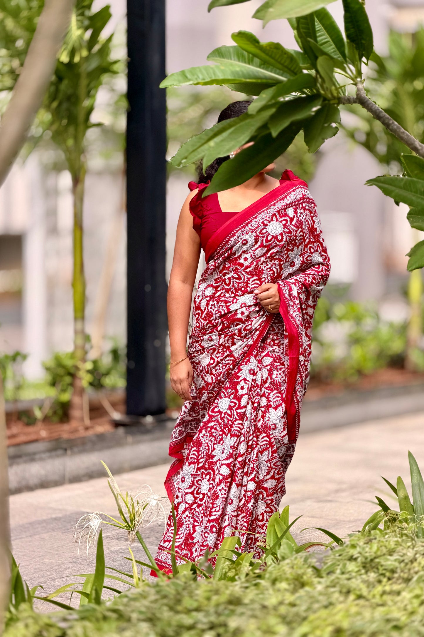 Crimson Bloom - Mulmul Cotton Hand-Block Print
