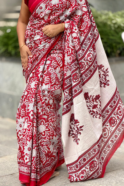 Crimson Bloom - Mulmul Cotton Hand-Block Print