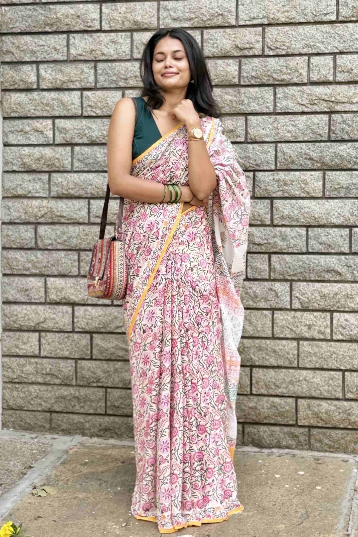 Floral Garden — Mulmul Cotton Hand-Block Print Saree