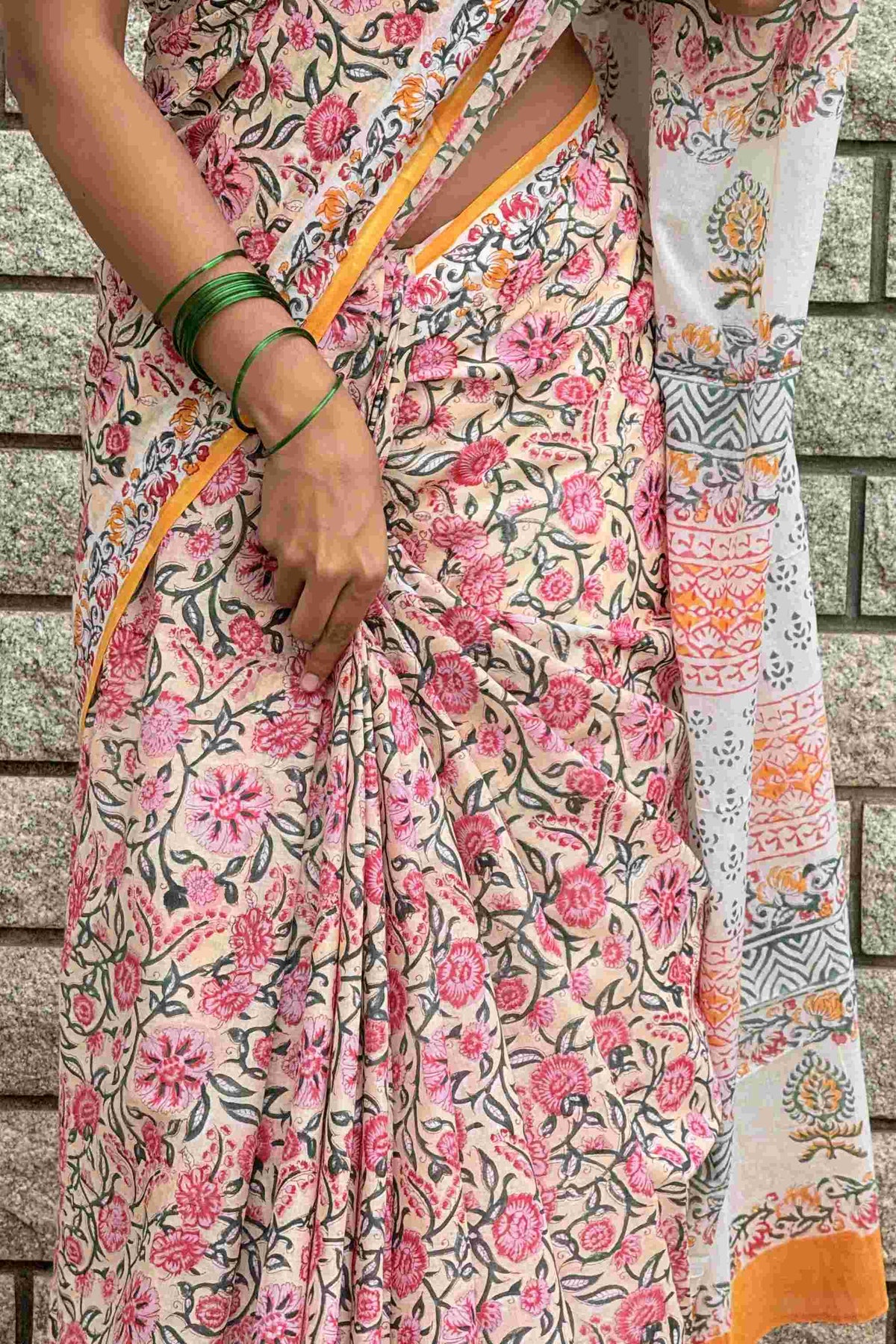 Floral Garden — Mulmul Cotton Hand-Block Print Saree