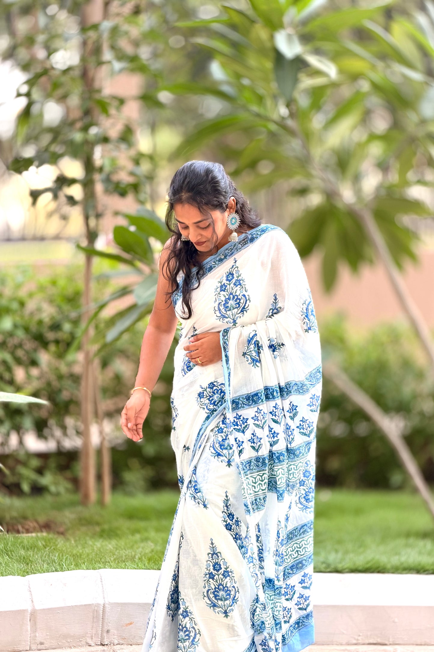 White Bloom - Mulmul Cotton Hand-Block Print