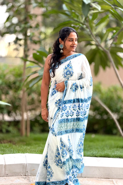 White Bloom - Mulmul Cotton Hand-Block Print